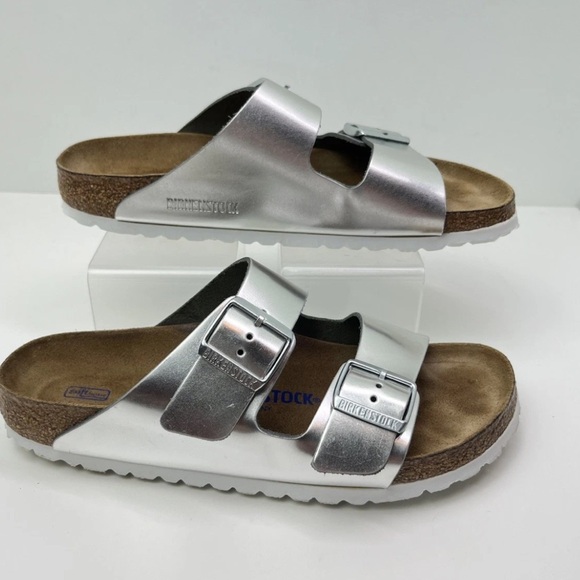 Birkenstock Arizona Metallic Silver Leather Soft Footbed Sandals - Picture 12 of 12